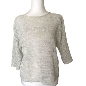 Chicos Open Weave White Silver Sparkle Metallic Knit Sweater Size Medium